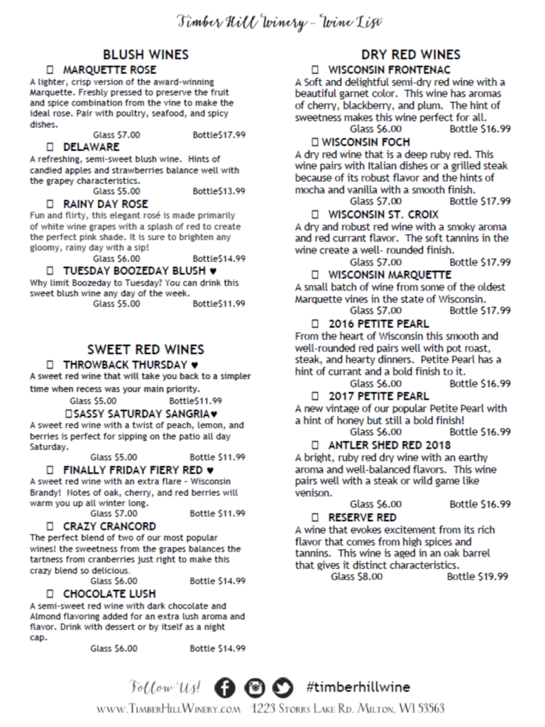 Wine tasting menu timber hill winery