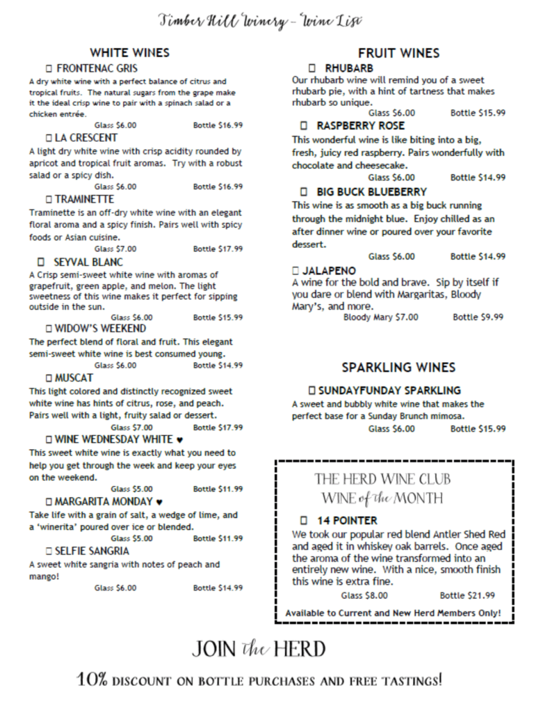 Wine Tasting Menu Timber Hill Winery
